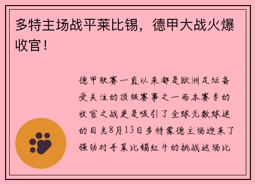 多特主场战平莱比锡，德甲大战火爆收官！