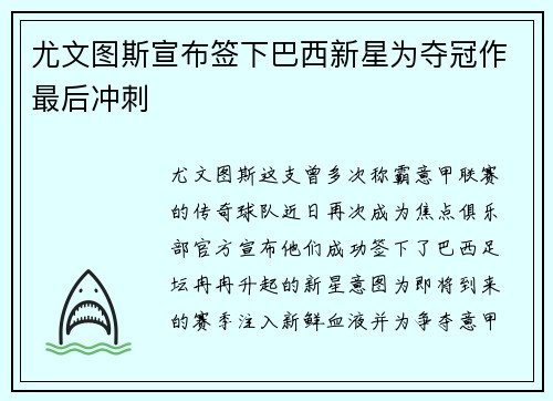 尤文图斯宣布签下巴西新星为夺冠作最后冲刺
