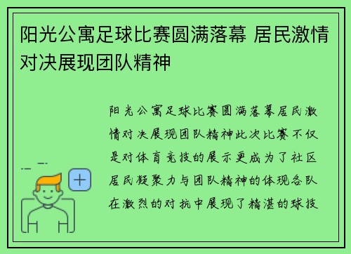 阳光公寓足球比赛圆满落幕 居民激情对决展现团队精神