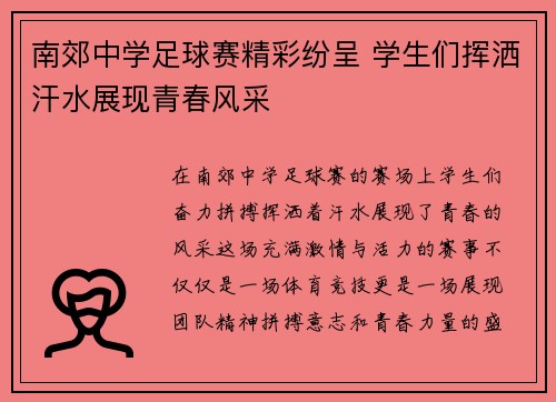 南郊中学足球赛精彩纷呈 学生们挥洒汗水展现青春风采