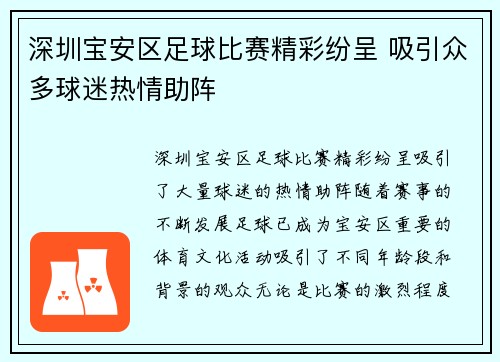 深圳宝安区足球比赛精彩纷呈 吸引众多球迷热情助阵