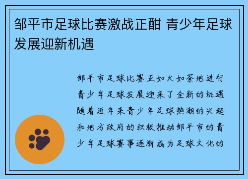邹平市足球比赛激战正酣 青少年足球发展迎新机遇