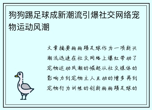 狗狗踢足球成新潮流引爆社交网络宠物运动风潮