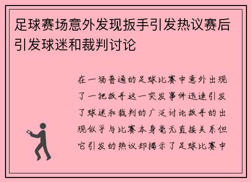 足球赛场意外发现扳手引发热议赛后引发球迷和裁判讨论