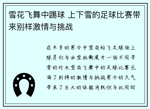 雪花飞舞中踢球 上下雪的足球比赛带来别样激情与挑战