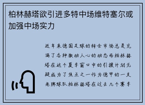 柏林赫塔欲引进多特中场维特塞尔或加强中场实力