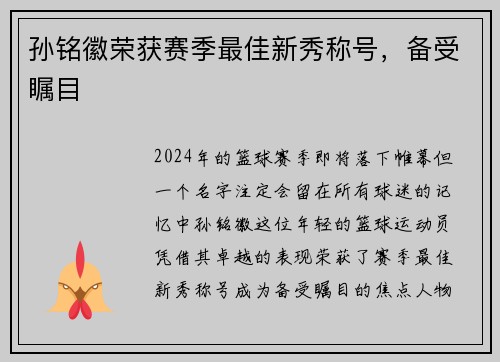 孙铭徽荣获赛季最佳新秀称号，备受瞩目