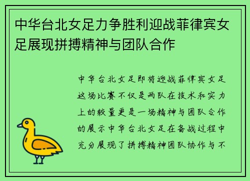 中华台北女足力争胜利迎战菲律宾女足展现拼搏精神与团队合作