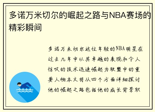 多诺万米切尔的崛起之路与NBA赛场的精彩瞬间