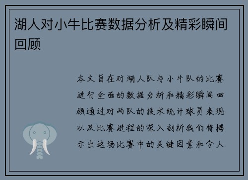 湖人对小牛比赛数据分析及精彩瞬间回顾