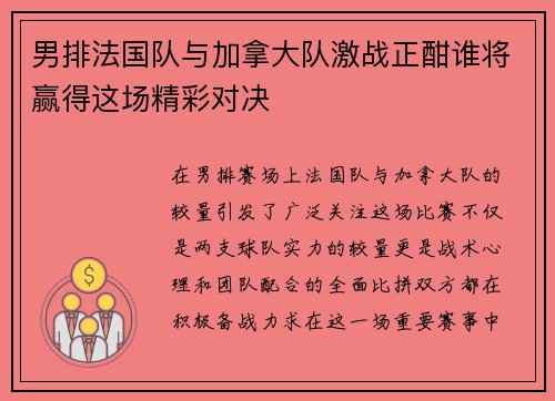男排法国队与加拿大队激战正酣谁将赢得这场精彩对决