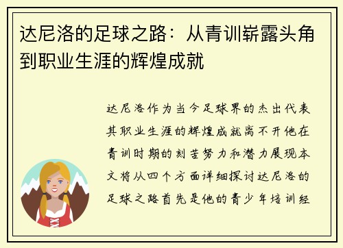 达尼洛的足球之路：从青训崭露头角到职业生涯的辉煌成就