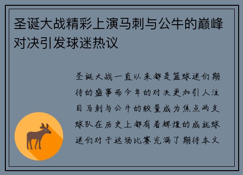 圣诞大战精彩上演马刺与公牛的巅峰对决引发球迷热议