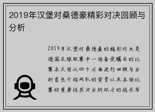 2019年汉堡对桑德豪精彩对决回顾与分析