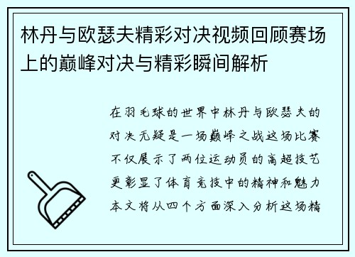 林丹与欧瑟夫精彩对决视频回顾赛场上的巅峰对决与精彩瞬间解析