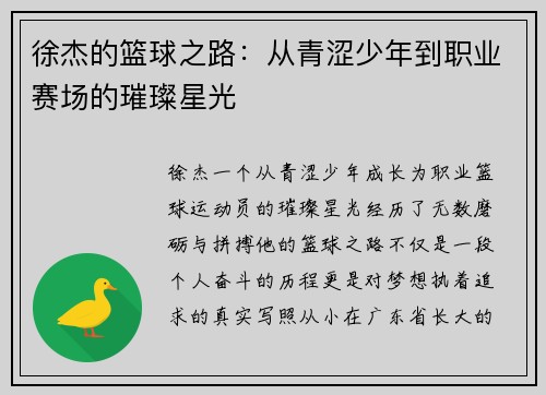 徐杰的篮球之路：从青涩少年到职业赛场的璀璨星光