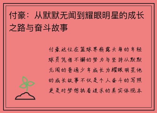 付豪：从默默无闻到耀眼明星的成长之路与奋斗故事