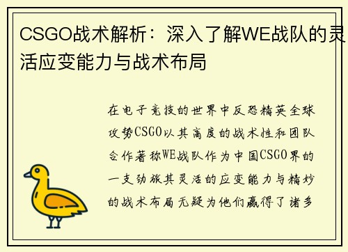 CSGO战术解析：深入了解WE战队的灵活应变能力与战术布局